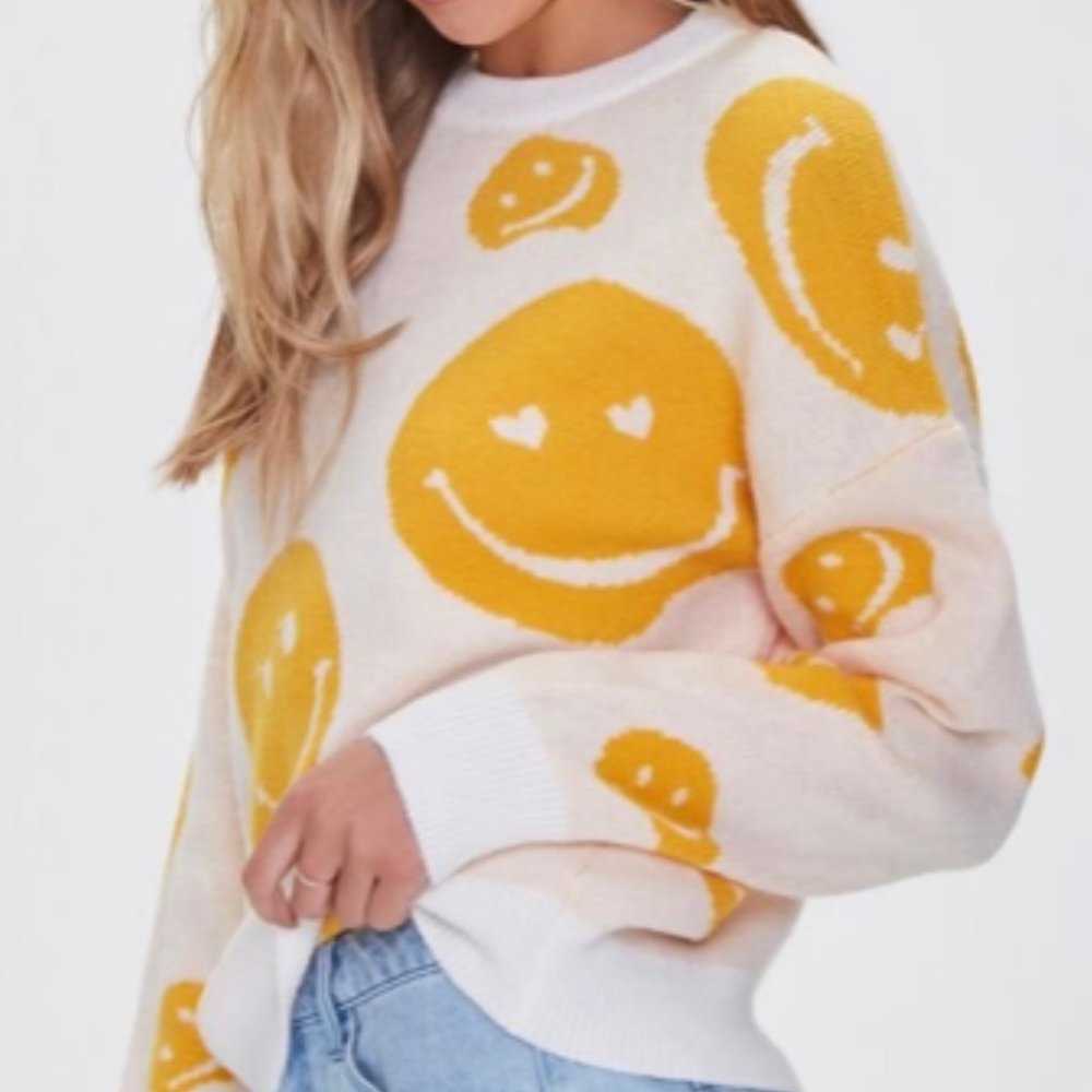 Forever 21 Happy Face Emoji Knit Sweater Top Yellow/White Small 4-6 NWT